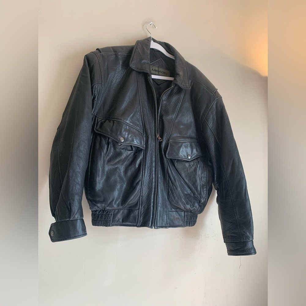 Mirage Men's Classic Black Leather Bomber Jacket Vintage Size Large Outerwear